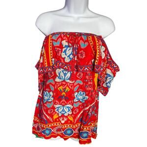Flying Tomato elastic strapless off the shoulder flowy sleeve flounce top medium